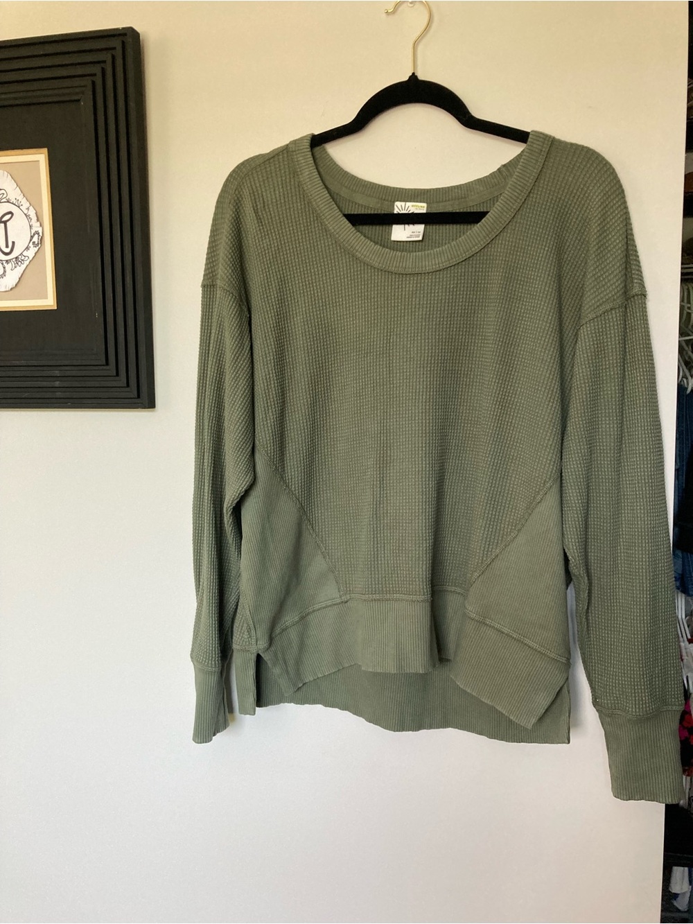 aerie Olive green Crewneck Waffle-Knit Pullover long sleeve